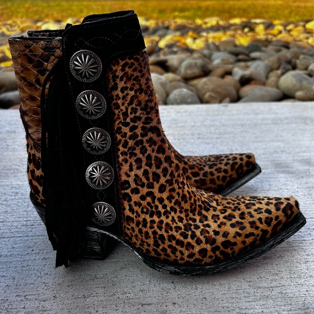Double D Ranch Leopard and Black Ankle Boots